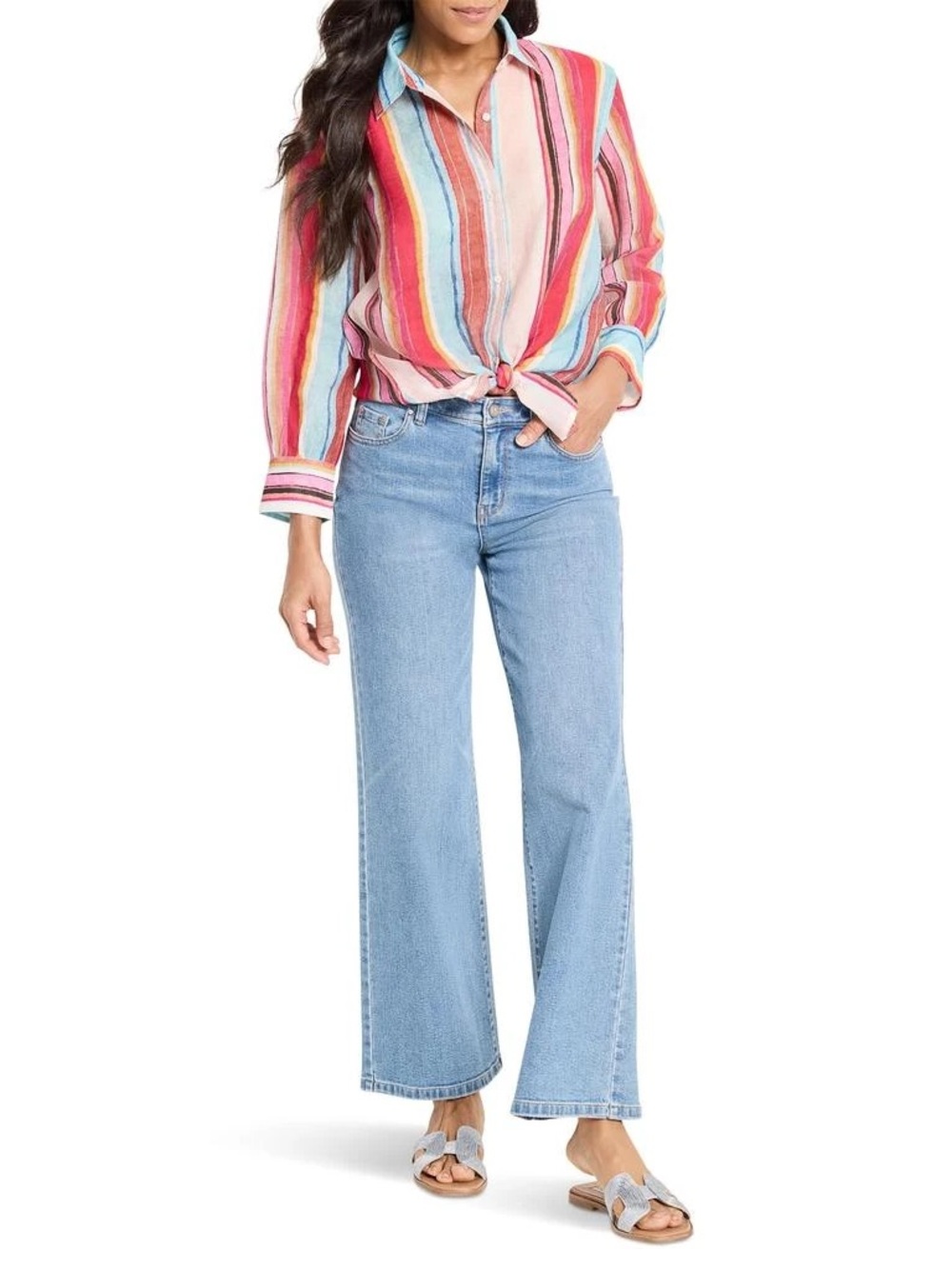NIC+ZOE Horizon Breeze Multicolored Striped Button Front Shirt - Size Medium - Picture 3 of 11